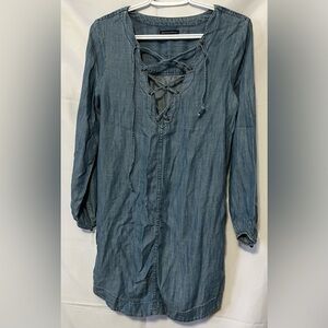A American Eagle Boho Peasant Hippie Chambray Lace Up Tunic Dress